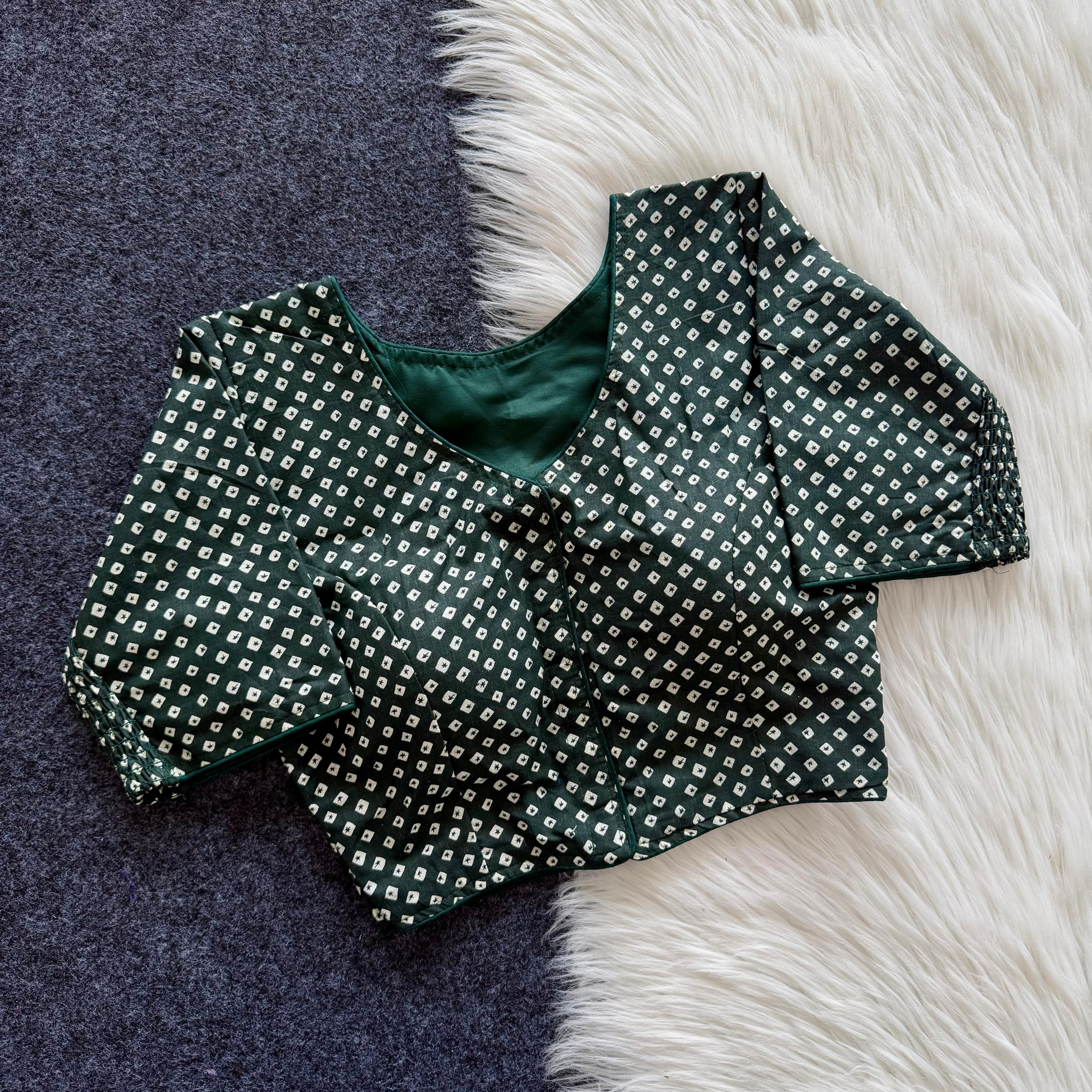 Ojalika Cotton Blouse-Stretchable Side Elastic Panels -Bottle Green